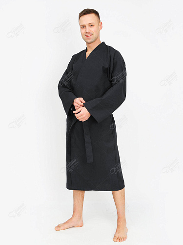 Мужской вафельный черный халат кимоно