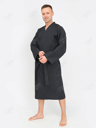 Мужской вафельный черный халат кимоно