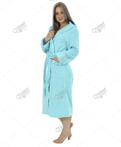 Халат махровый бирюзовый удлиненный с капюшоном