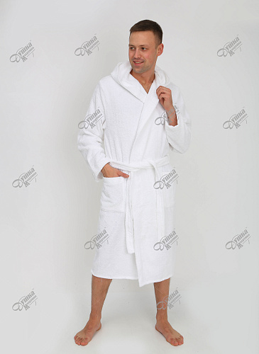 Халат махровый белый с капюшоном удлиненный